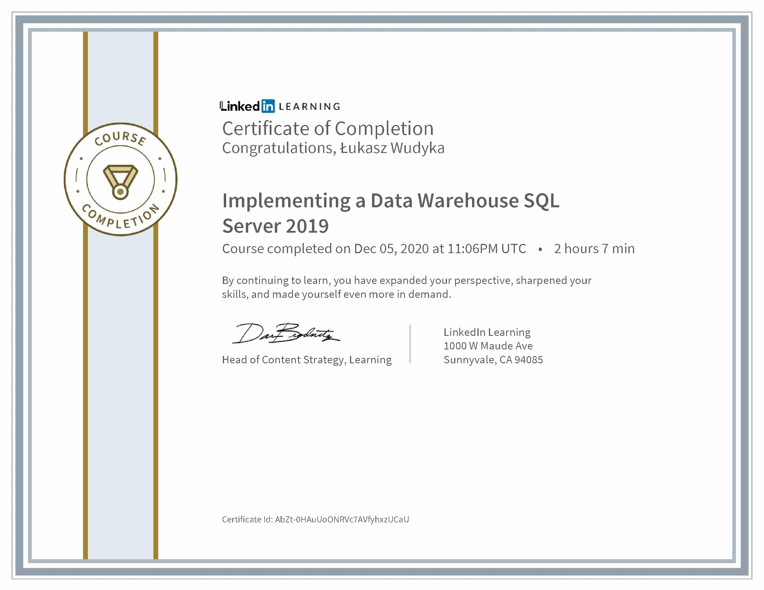 Łukasz Wudyka certyfikat LinkedIn Implementing a Data Warehouse SQL Server 2019