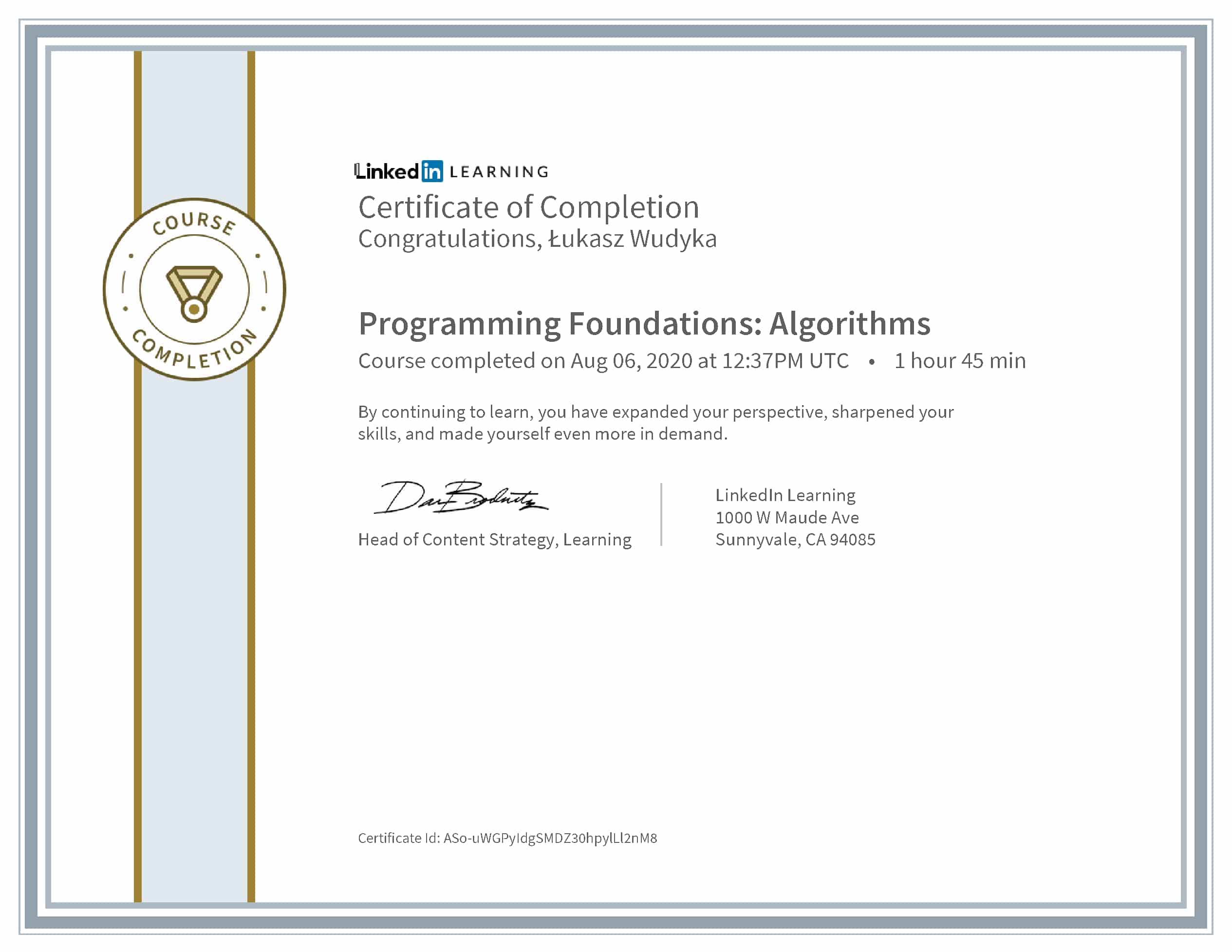 Łukasz Wudyka certyfikat LinkedIn Programming Foundations: Algorithms