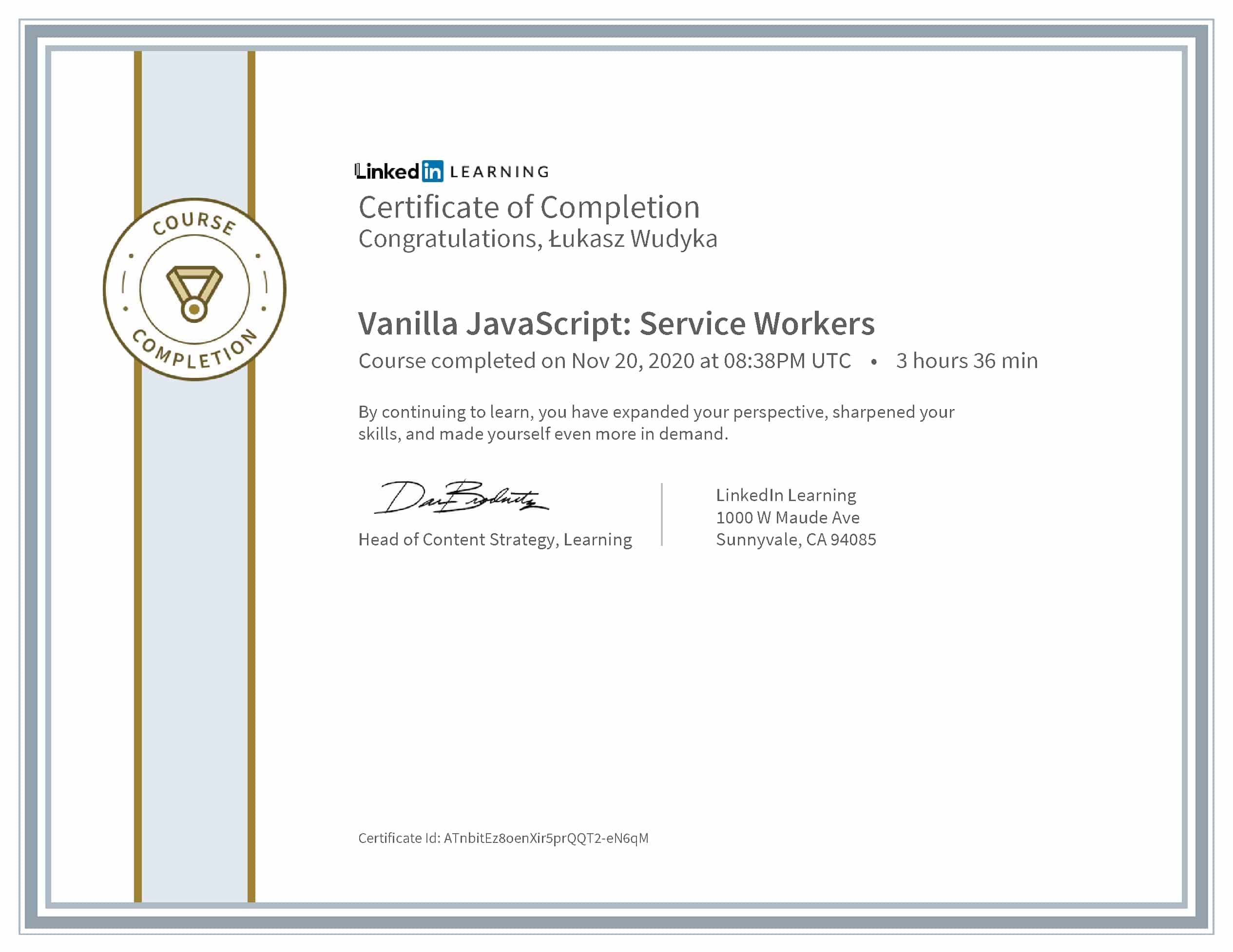 Łukasz Wudyka certyfikat LinkedIn Vanilla JavaScript: Service Workers